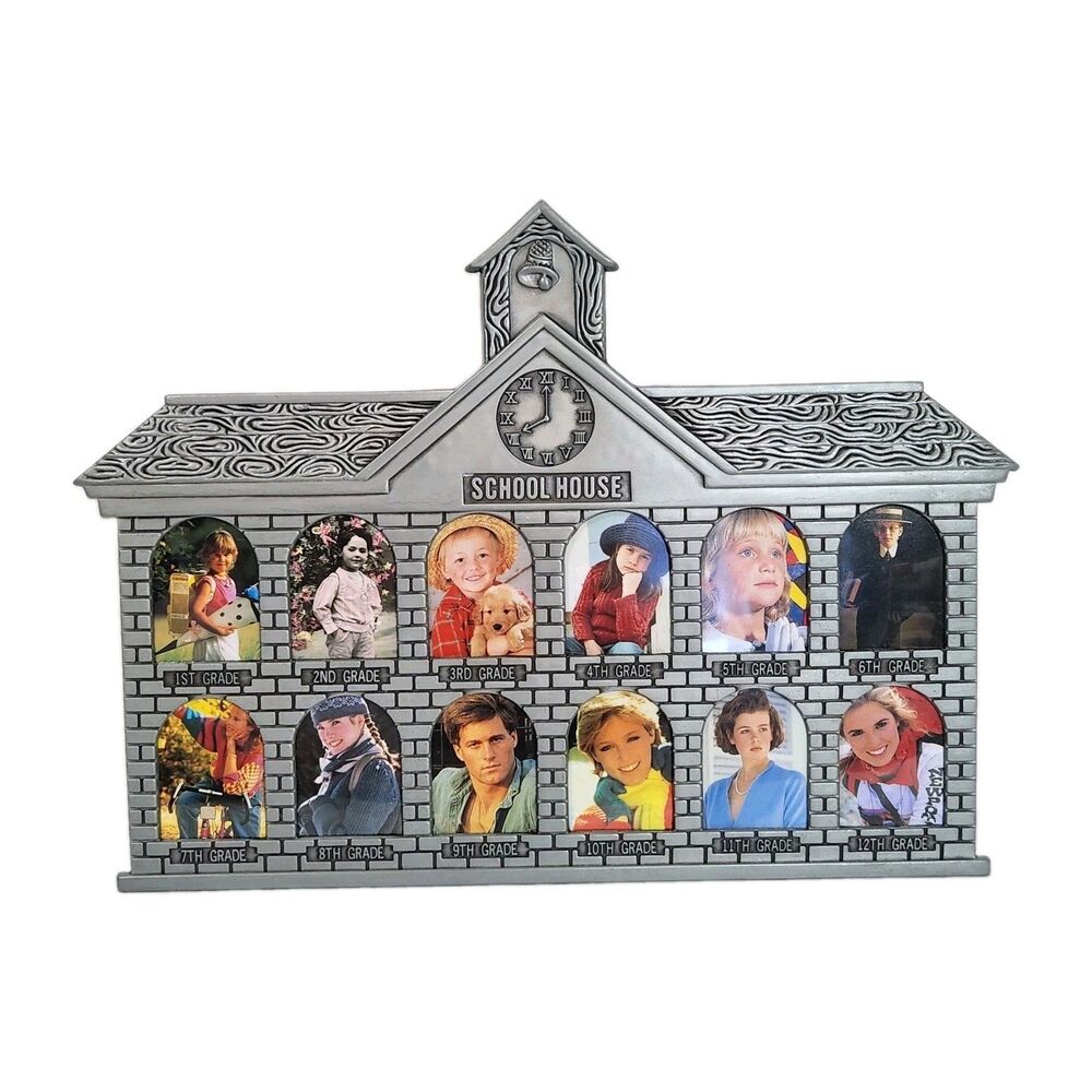 Vintage Pewter Cast Metal Schoolhouse Picture Frame School Years K-12 Collage